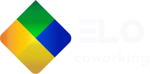 Logo horizontal do Elo Coworking em Betim, com símbolo colorido e nome da marca em branco.
